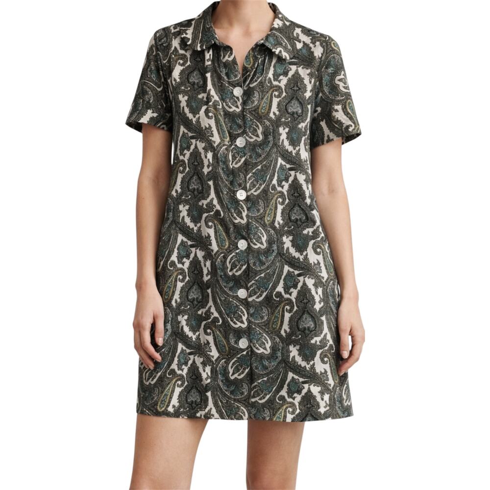 VTG Sears Paisley Button Down Shirt Dress 60s Side Pockets Casual Green Blue 3X
